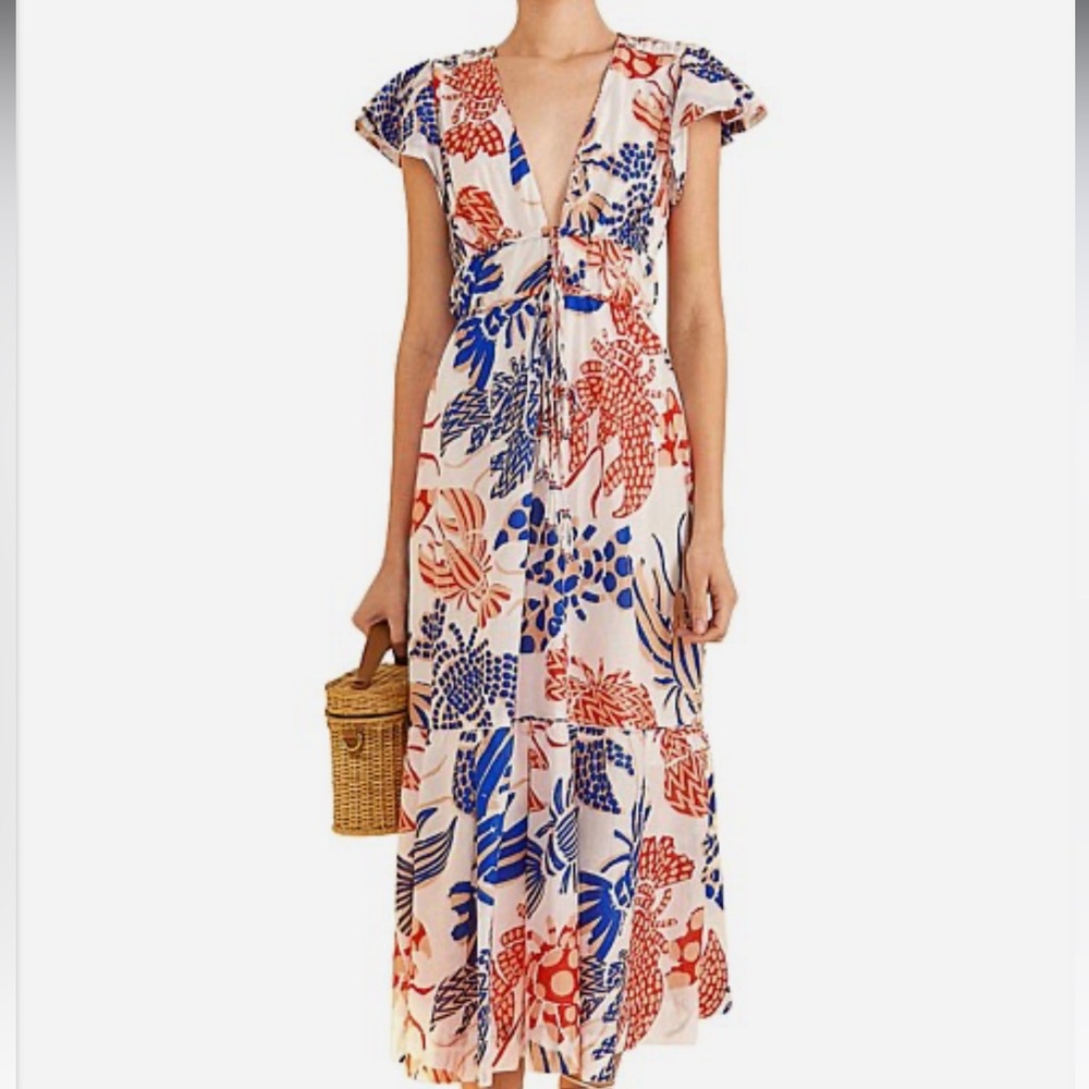 Farm Rio Mixed Lobsters Printed Cotton Midi Dress. New without tags